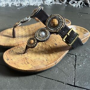 Vionic Adelie Black and Brown Embellished Orthopedic Sandals